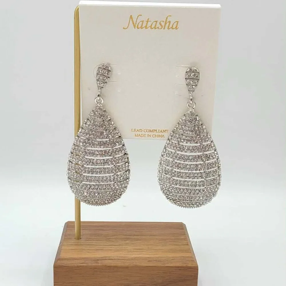 Natasha Large Long Silver Tone Crystal Earrings NWT!